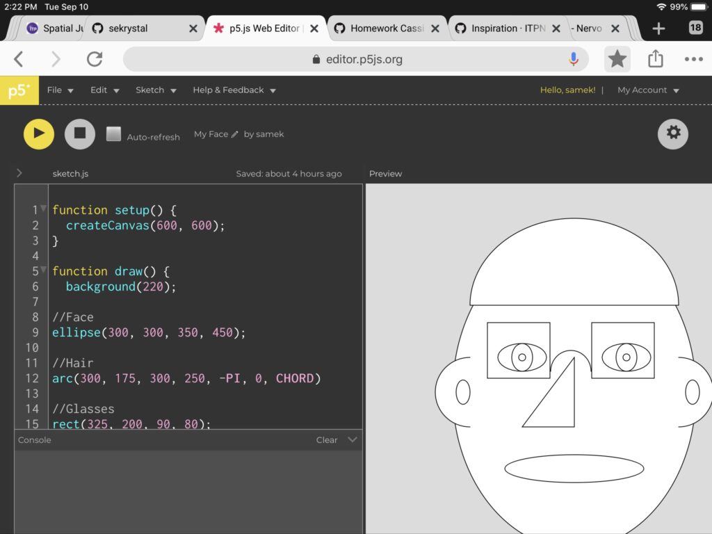 Code and digital preliminary self portrait based on aforementioned sketch